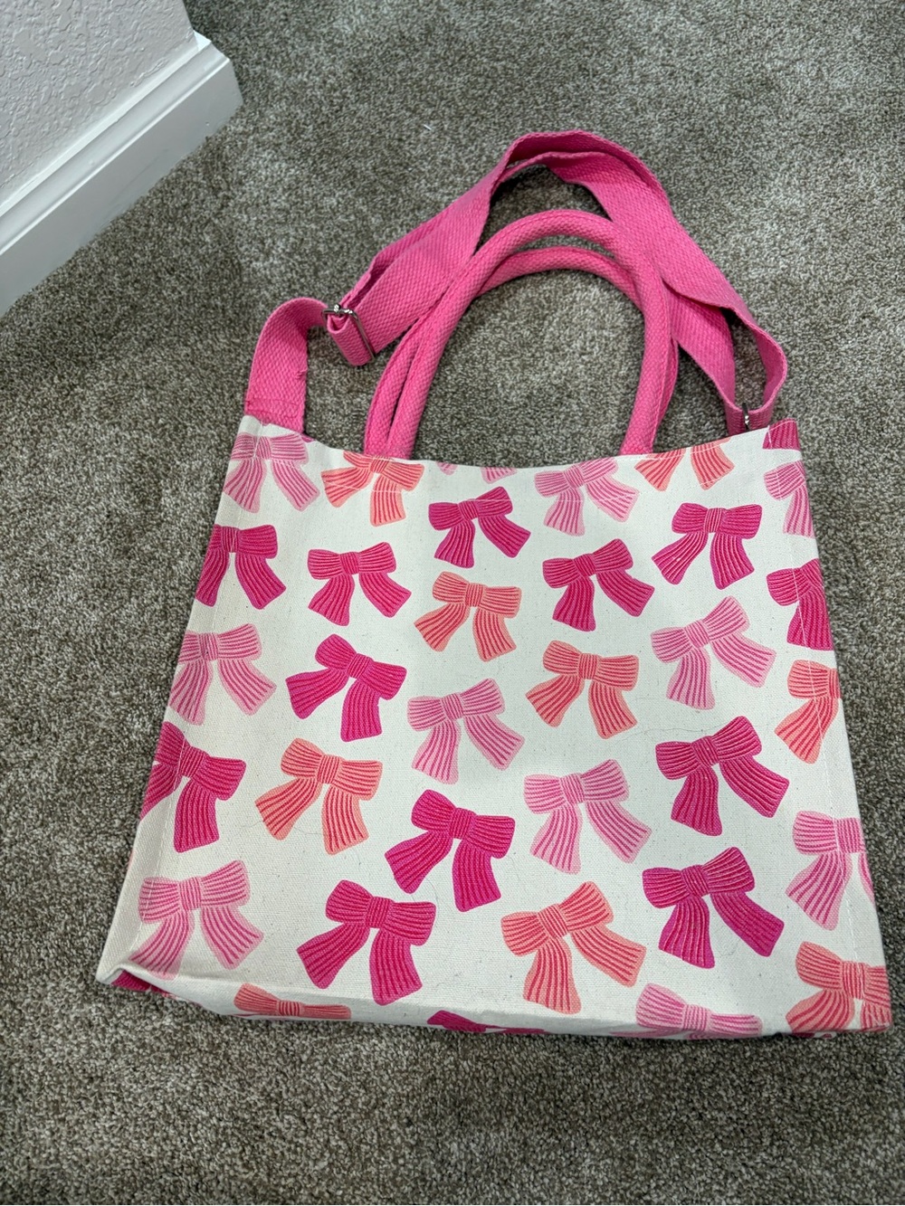 Pink Bow Print Canvas Tote Bag